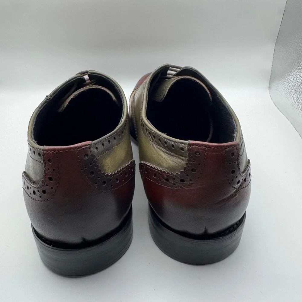 XEBOS Mens  Tricolor Leather Wingtip Brogue Oxford Shoes Size 38 Wood Color